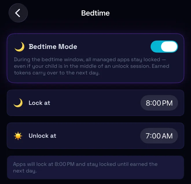 Bedtime Mode on, locking at 8:00 PM and unlocking at 7:00 AM