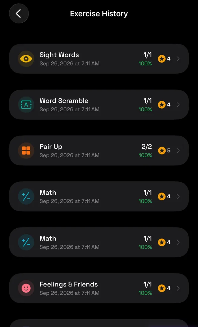 Exercise history list of completed sessions