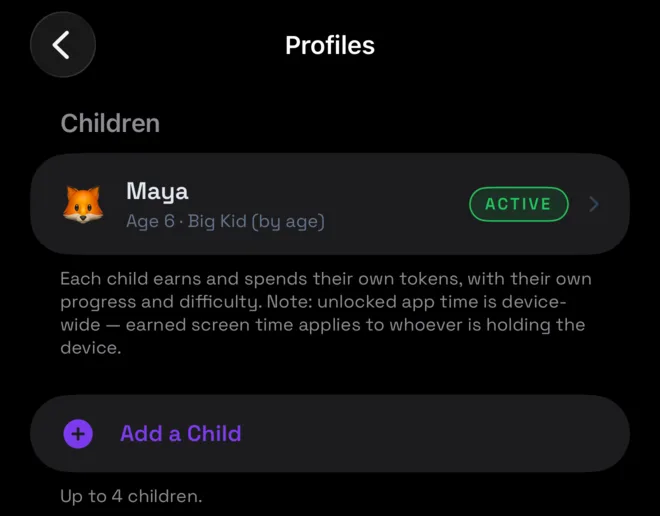 Profiles screen listing children and an Add a Child button