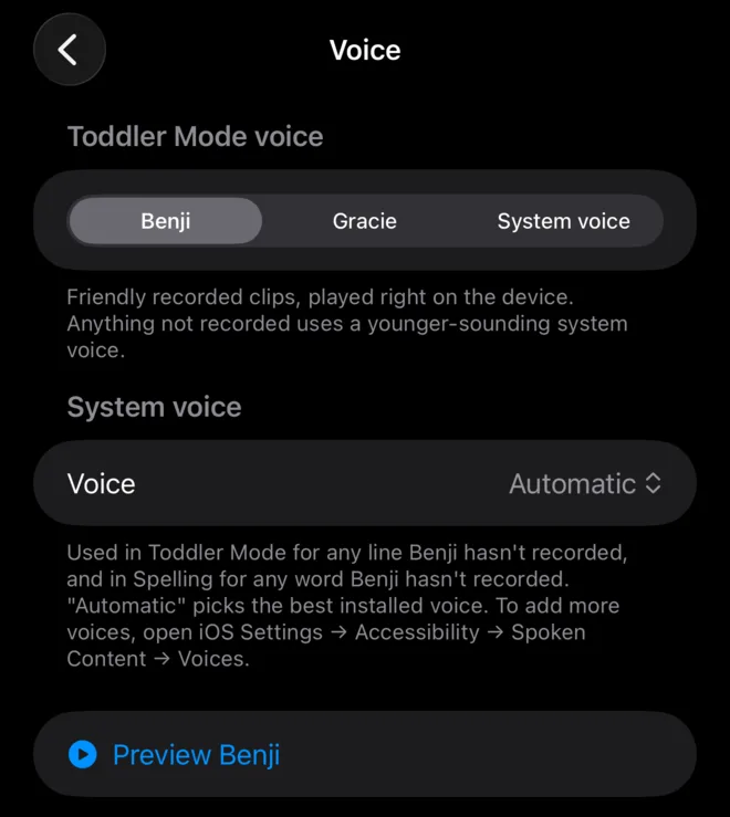 Voice settings with Benji, Gracie and System voice options